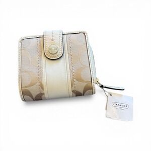 Coach Signature Stripe Slim Wallet Khaki White Snap Zip F48774